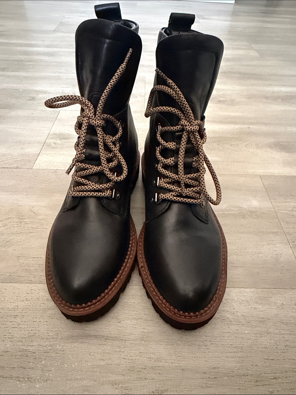 Sanctuary Women's Black Lace-Up Leather Boots with Brown Trim